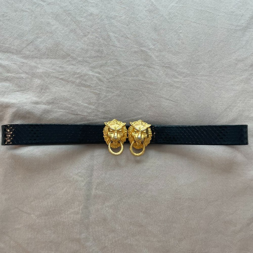 Vintage 70’s Mimi Di N Gold Lion Head Black Belt | One Size